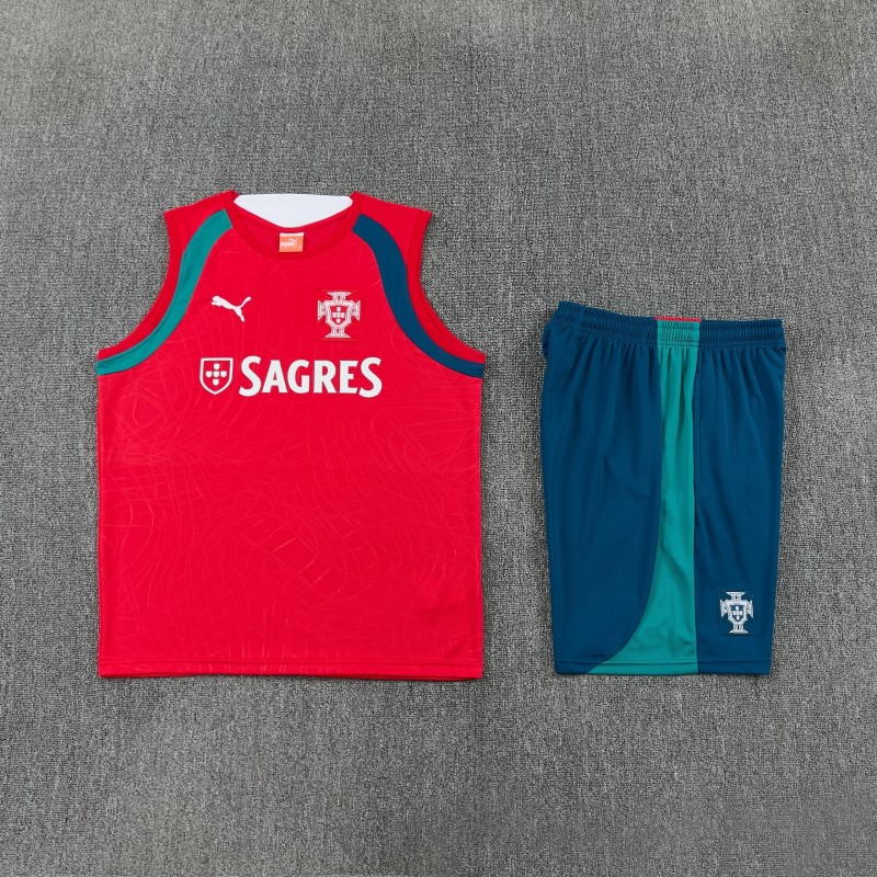 26/27 Portugal Red & Navy Blue Sleeveless Training Vest +Shorts Set