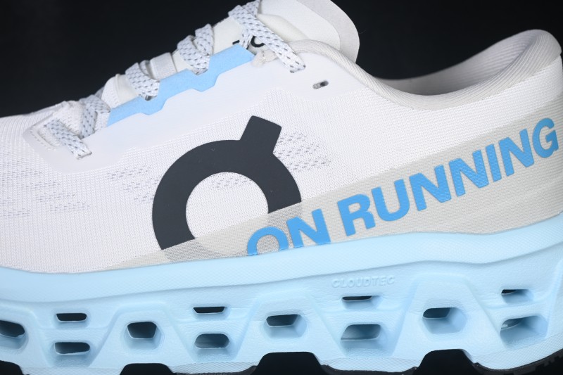 On Cloudmonster 3 Cushioned Running Shoes – White/Light Blue with Black Logo