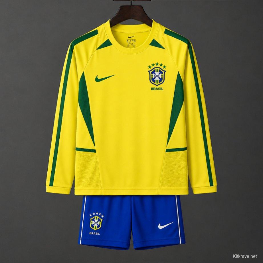 Retro Kids 2002 Brazil Home Long Sleeve Jersey