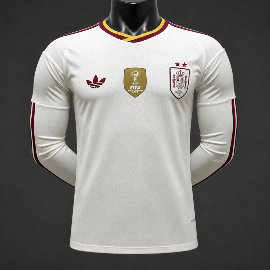 Player Version 2 Star 2026 Spain Away White Long Sleeve Jersey With Champion Patch